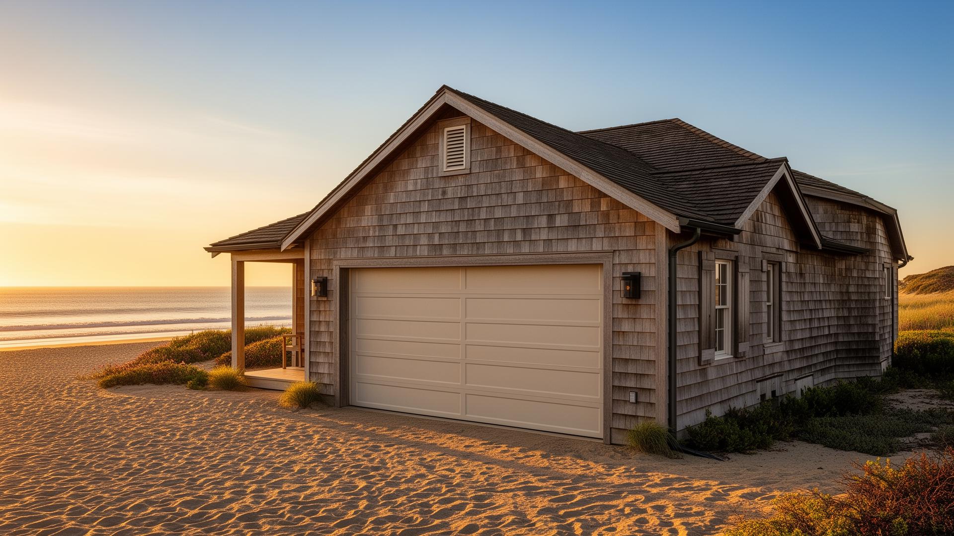 Beautiful coastal home with premium ranch style horizontal panel garage doors in New Boston NH